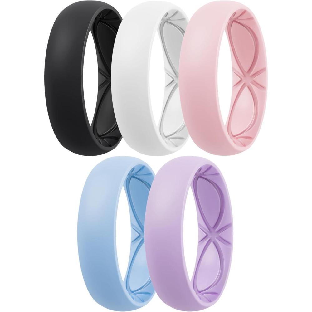 imageEgnaro 458 Variety Multipack Ergonomic Breathable Anniversary Rings 6mm Wide 2mm Thick Rubber Wedding bands women silicone Rings Women with Half SizeSETA4White Cherry Pink Light Blue Lilac Purple Black