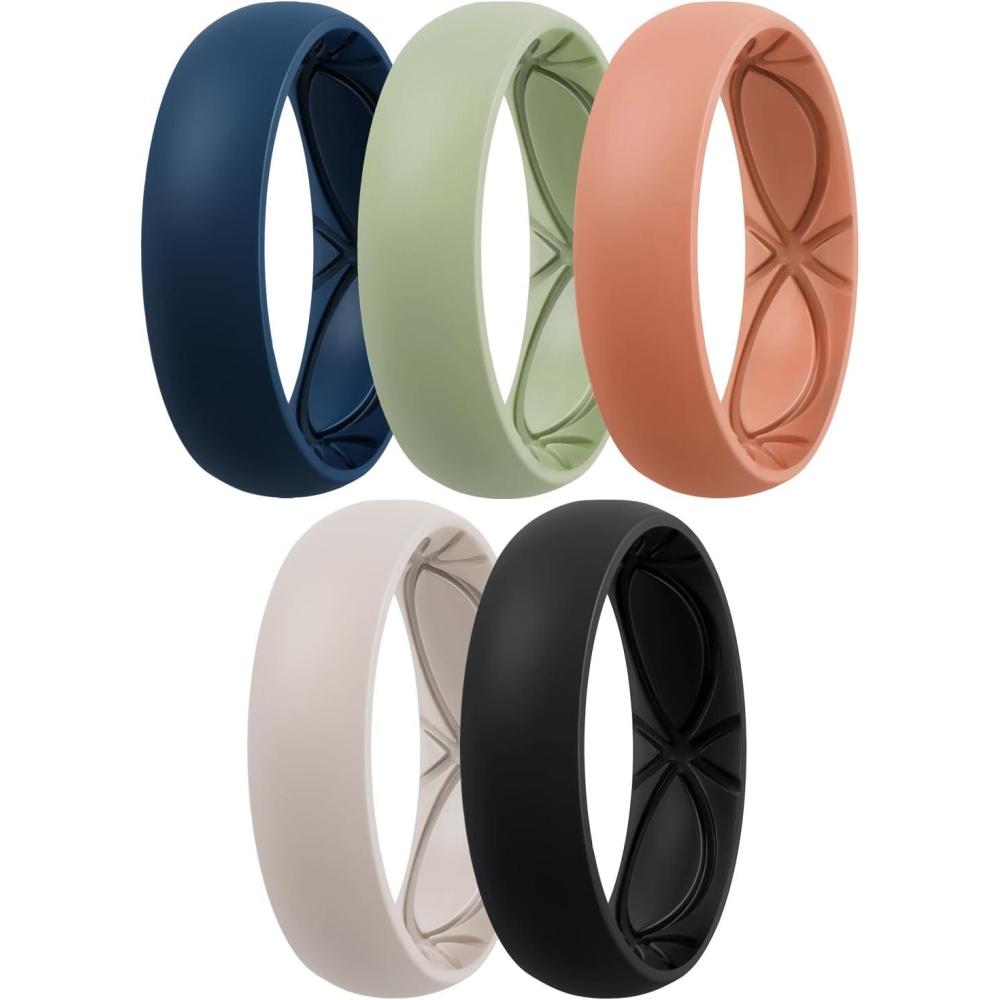 imageEgnaro 458 Variety Multipack Ergonomic Breathable Anniversary Rings 6mm Wide 2mm Thick Rubber Wedding bands women silicone Rings Women with Half SizeSETB5Dark Blue Mist Green Pumpkin Beige Black