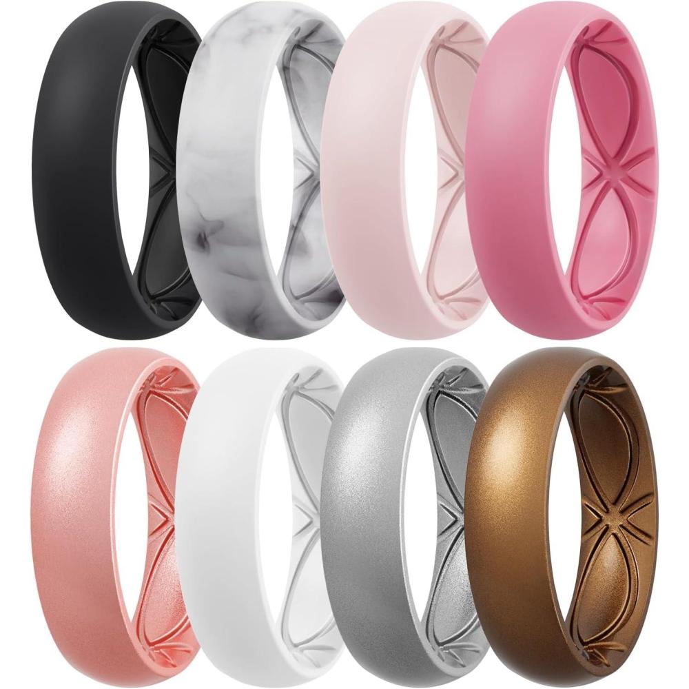 imageEgnaro 458 Variety Multipack Ergonomic Breathable Anniversary Rings 6mm Wide 2mm Thick Rubber Wedding bands women silicone Rings Women with Half SizeSETDBlack Marble Whitepink Faint Red Pink Rose Gold White Silver Bronze