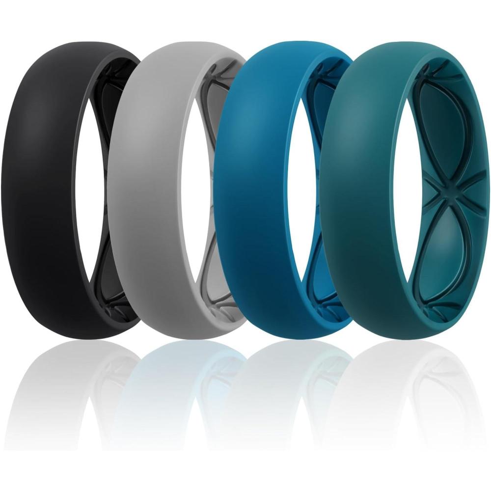 imageEgnaro 458 Variety Multipack Ergonomic Breathable Anniversary Rings 6mm Wide 2mm Thick Rubber Wedding bands women silicone Rings Women with Half SizeSETA6Black Blue Jewel Emerald Green Light Gray