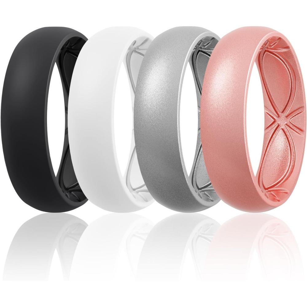 imageEgnaro 458 Variety Multipack Ergonomic Breathable Anniversary Rings 6mm Wide 2mm Thick Rubber Wedding bands women silicone Rings Women with Half SizeSETB3White Pink Rose Gold Silver Black