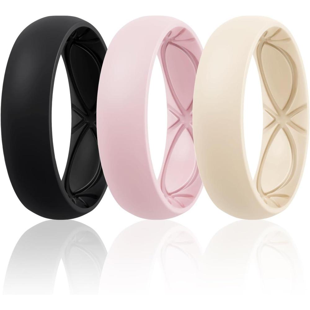 imageEgnaro 458 Variety Multipack Ergonomic Breathable Anniversary Rings 6mm Wide  2mm Thick Rubber Wedding bands women silicone Rings Women with Half SizeSETMBlack Whitepink Nude