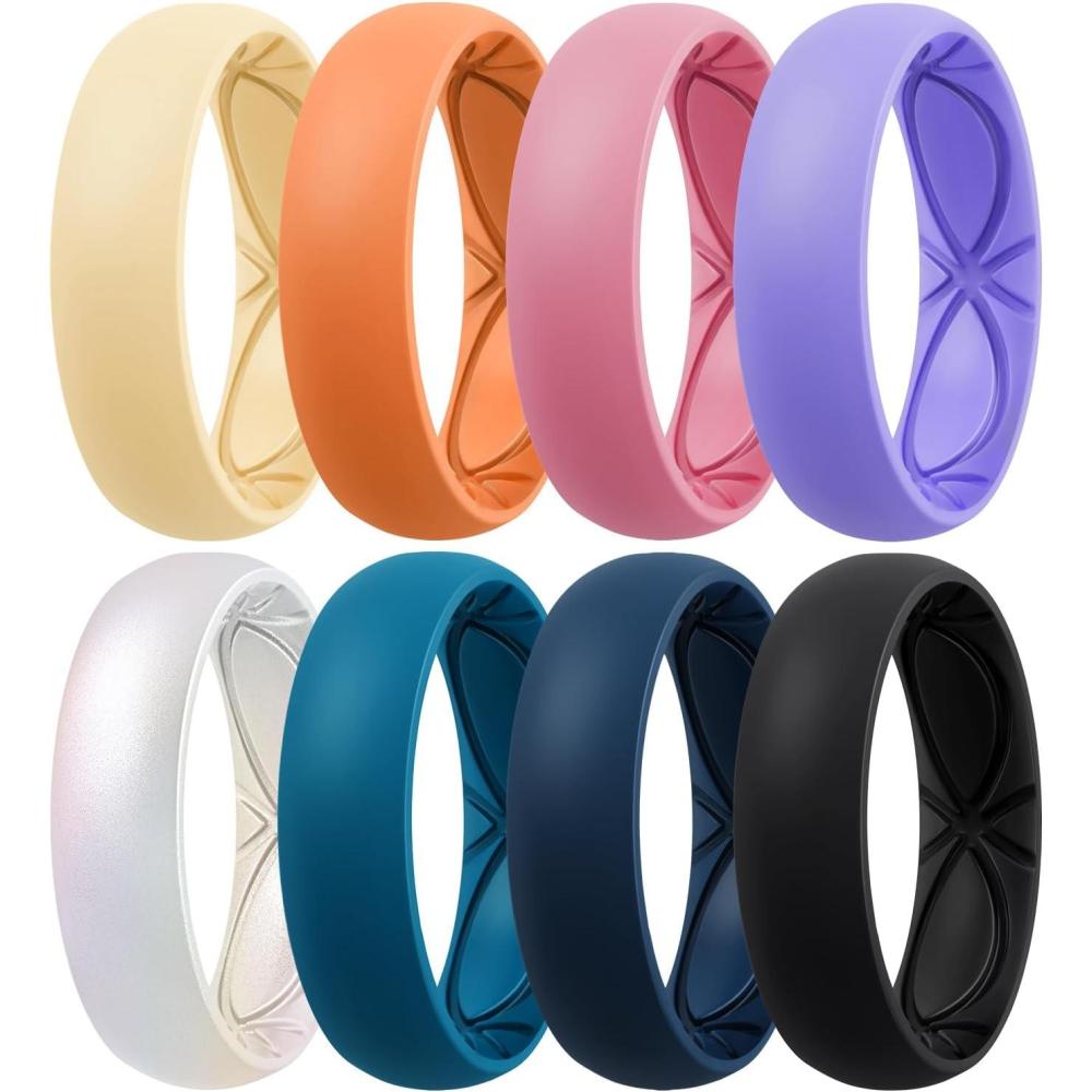 imageEgnaro 458 Variety Multipack Ergonomic Breathable Anniversary Rings 6mm Wide 2mm Thick Rubber Wedding bands women silicone Rings Women with Half SizeSETGSunlight Yellow Coral Orange Faint Red Dream Purple Blue Jewel Dark Blue Black Metallic Pearl White