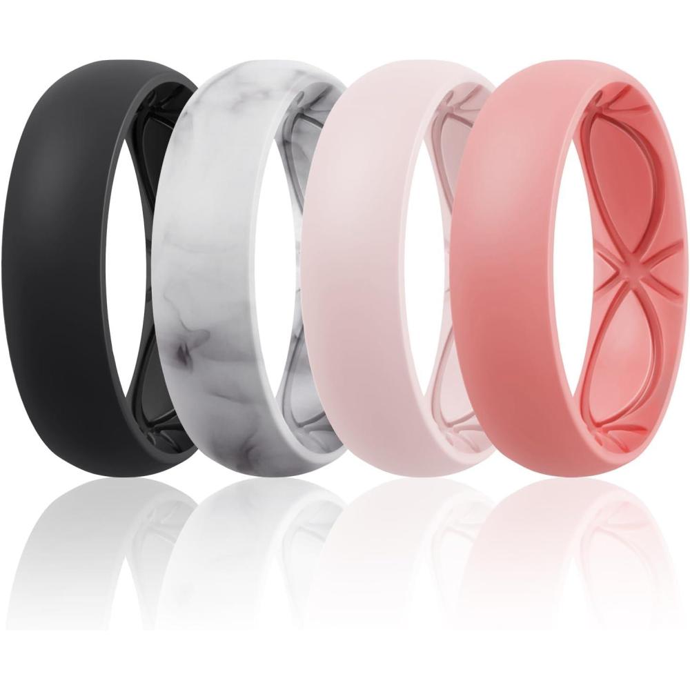 imageEgnaro 458 Variety Multipack Ergonomic Breathable Anniversary Rings 6mm Wide 2mm Thick Rubber Wedding bands women silicone Rings Women with Half SizeSETCBlack Marble Whitepink Faint Red