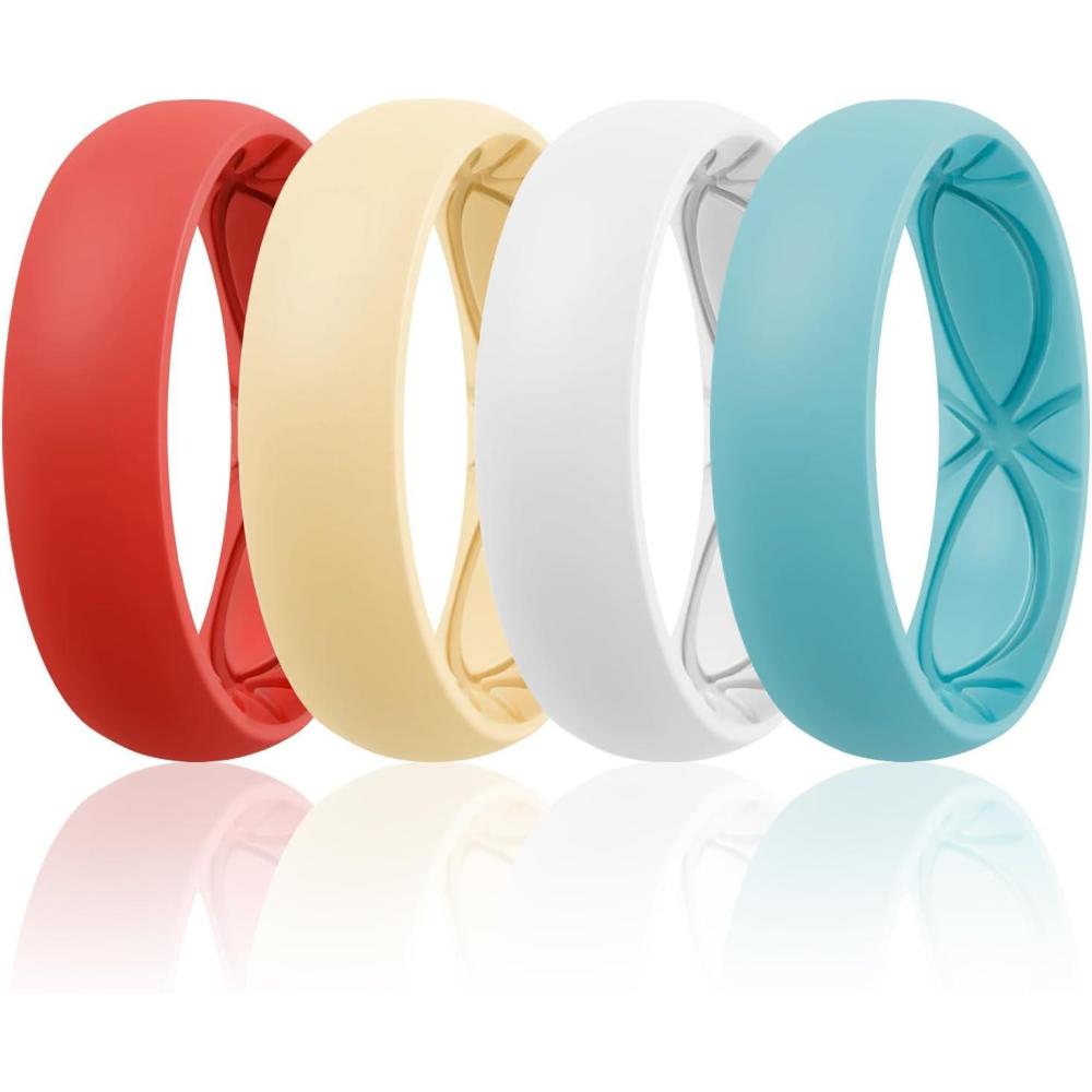 imageEgnaro 458 Variety Multipack Ergonomic Breathable Anniversary Rings 6mm Wide 2mm Thick Rubber Wedding bands women silicone Rings Women with Half SizeSETFLapis Blue Sunlight Yellow White Cinnabar Red