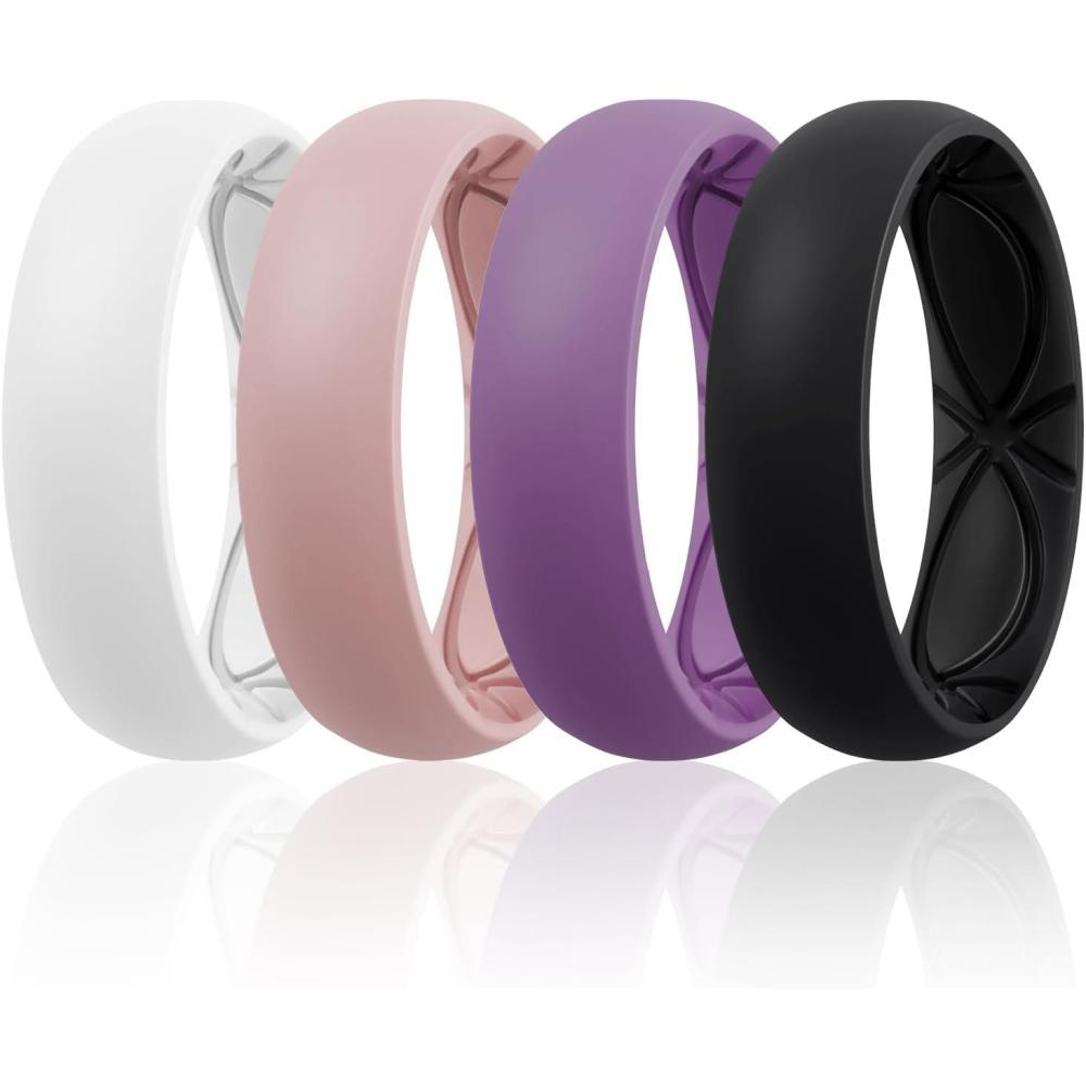 imageEgnaro 458 Variety Multipack Ergonomic Breathable Anniversary Rings 6mm Wide 2mm Thick Rubber Wedding bands women silicone Rings Women with Half SizeSETB2Black Orchid Haze Light Pink White