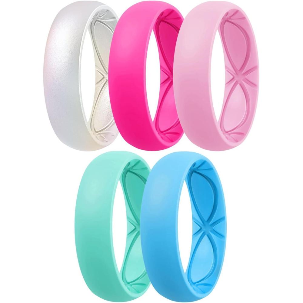 imageEgnaro 458 Variety Multipack Ergonomic Breathable Anniversary Rings 6mm Wide 2mm Thick Rubber Wedding bands women silicone Rings Women with Half SizeSETA7Metallic Pearl White Fairy Pink Petal Pink Mint Green Chill Blue