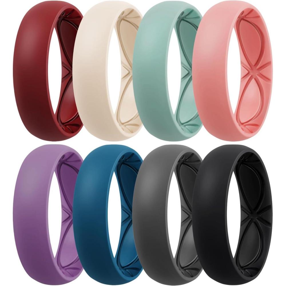 imageEgnaro 458 Variety Multipack Ergonomic Breathable Anniversary Rings 6mm Wide 2mm Thick Rubber Wedding bands women silicone Rings Women with Half SizeSETA8Crimson Nude Meadow Green Coral Red Orchid Haze Sea Blue Black Black Gray