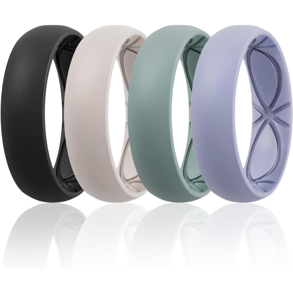 imageEgnaro 458 Variety Multipack Ergonomic Breathable Anniversary Rings 6mm Wide 2mm Thick Rubber Wedding bands women silicone Rings Women with Half SizeSETA1Black Cool gray Light gray green Lavender