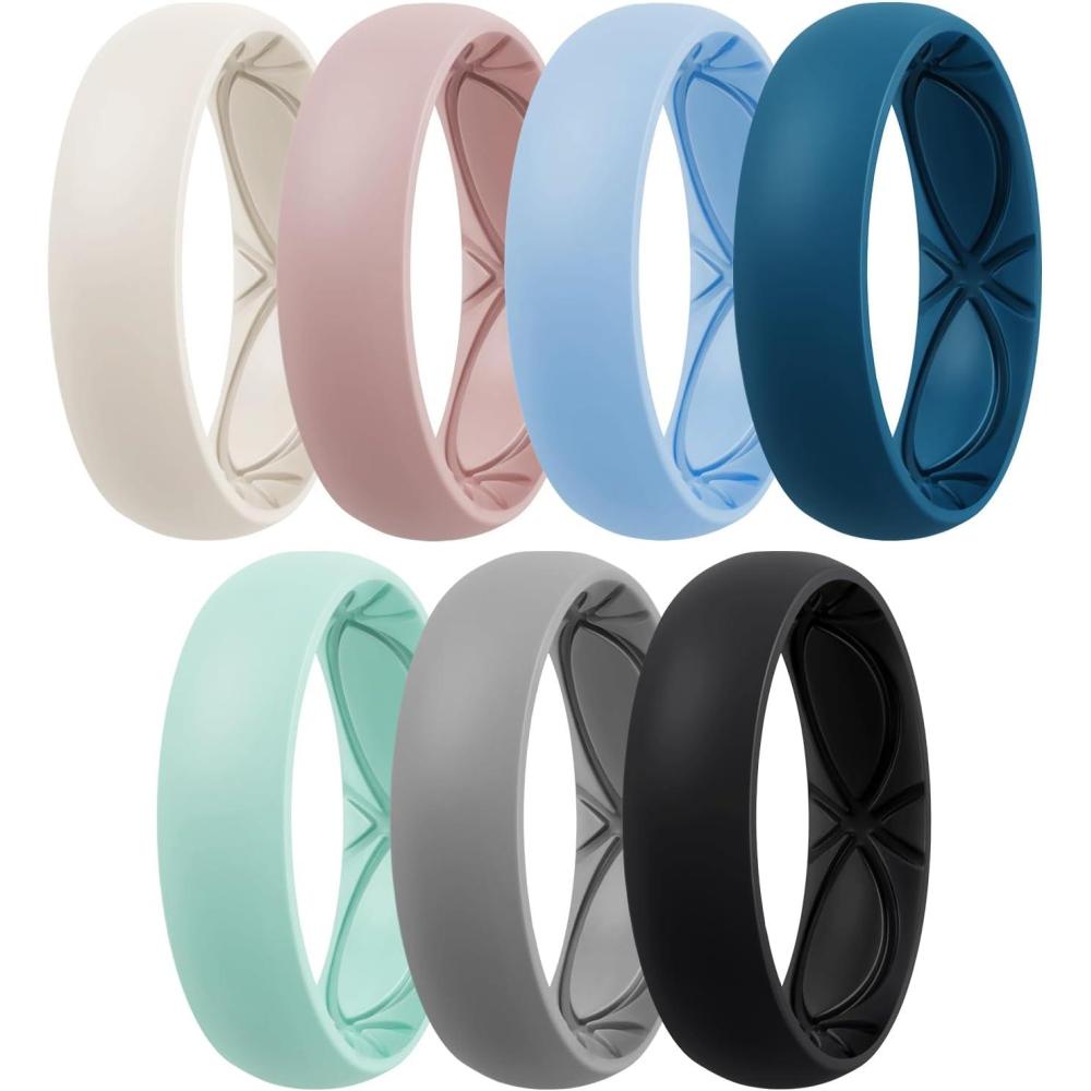 imageEgnaro 458 Variety Multipack Ergonomic Breathable Anniversary Rings 6mm Wide  2mm Thick Rubber Wedding bands women silicone Rings Women with Half SizeSETNIvory Classic Blue Opal Green Sea Blue Light Pink Light Gray Black