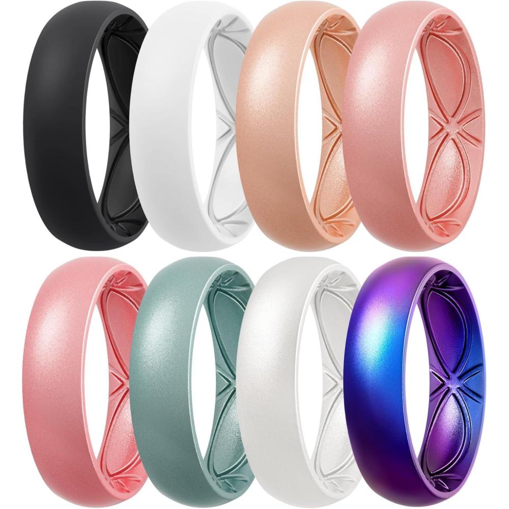 imageEgnaro 458 Variety Multipack Ergonomic Breathable Anniversary Rings 6mm Wide 2mm Thick Rubber Wedding bands women silicone Rings Women with Half SizeSETEBlack White Rose Gold Light Rose Gold Pink Rose Gold Metallic Blue Metallic Pearl White Galaxy