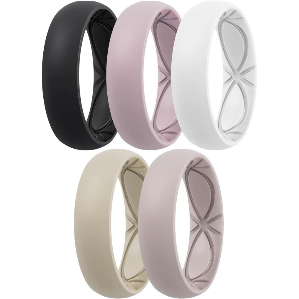 imageEgnaro 458 Variety Multipack Ergonomic Breathable Anniversary Rings 6mm Wide 2mm Thick Rubber Wedding bands women silicone Rings Women with Half SizeSETB4Black Peachy Pink White Light Brown Pinkish Beige
