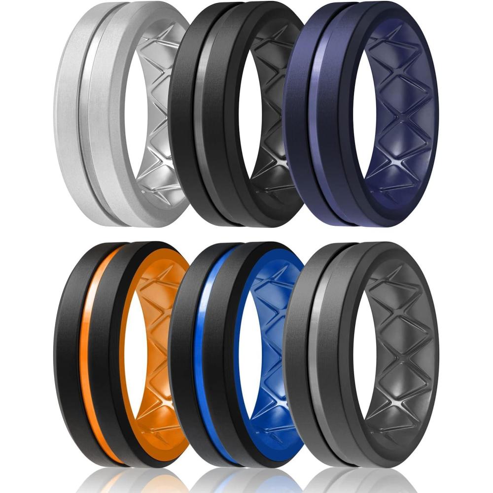 imageEgnaro Mens Silicone Ring 146 Multipack Workout Travel Rubber Wedding Bands For Him 8mm Width 2mm ThicknessA1Silver  Black  Dark Blue  BlackOrange  BlackLight Blue  BlackGray