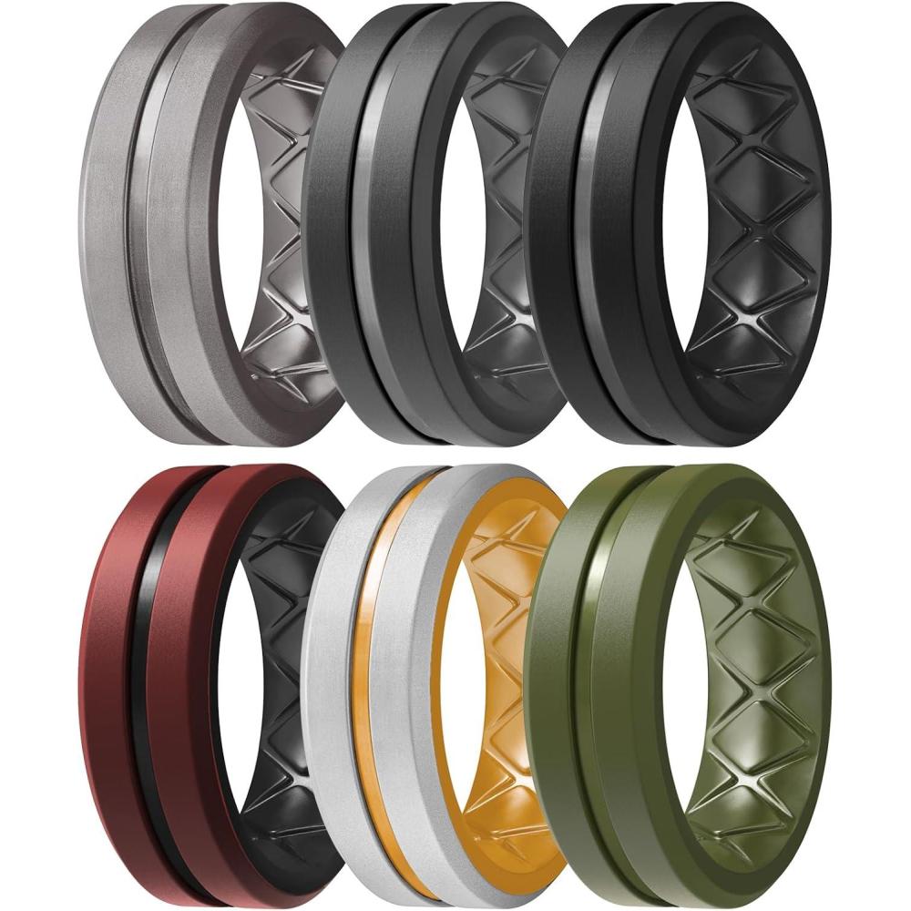 imageEgnaro Mens Silicone Ring 146 Multipack Workout Travel Rubber Wedding Bands For Him 8mm Width 2mm ThicknessA2Metallic Gun Dark Gray Black MaroonBlack White GrayLight Orange Olive Green