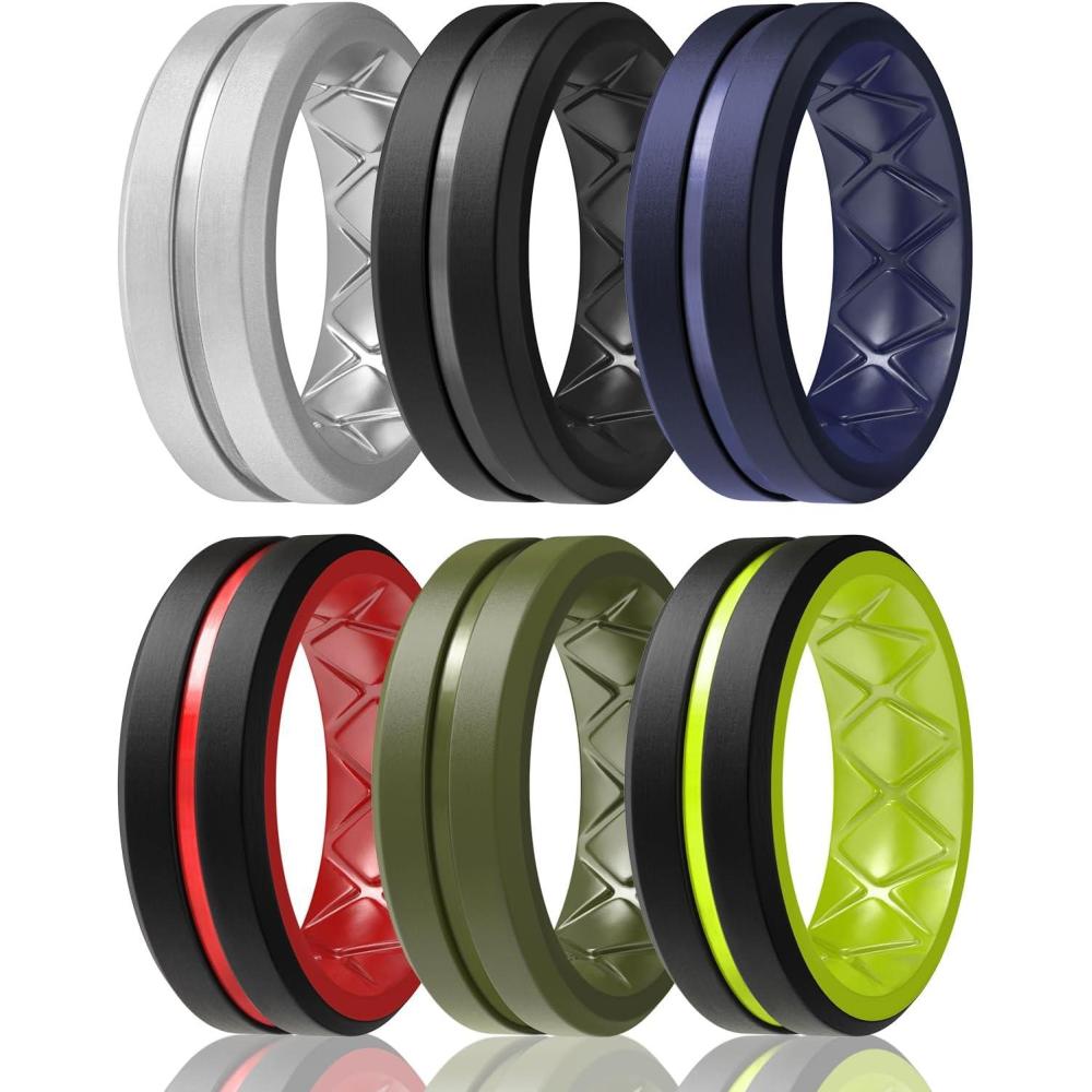 imageEgnaro Mens Silicone Ring 146 Multipack Workout Travel Rubber Wedding Bands For Him 8mm Width 2mm ThicknessA3Silver black deep blue military green black and yellow green black red
