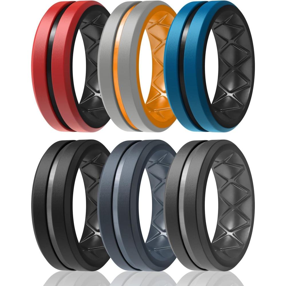 imageEgnaro Mens Silicone Ring 146 Multipack Workout Travel Rubber Wedding Bands For Him 8mm Width 2mm ThicknessA8RedBlack Light GrayVivid Orange Elegant BlueBlack Blue Gray Black Gray Black
