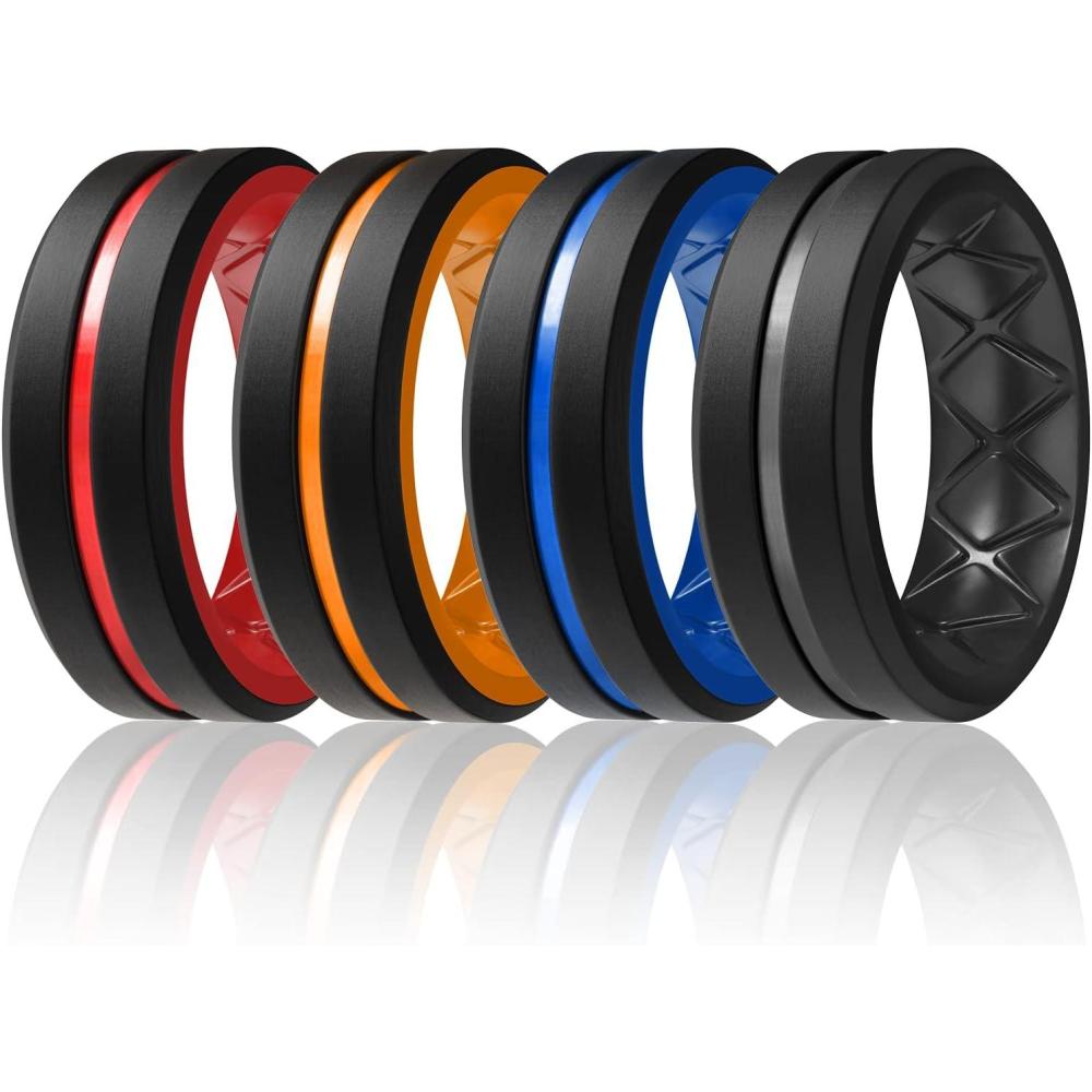 imageEgnaro Mens Silicone Ring 146 Multipack Workout Travel Rubber Wedding Bands For Him 8mm Width 2mm ThicknessB1Black BlackRed BlackOrange BlackLight Blue