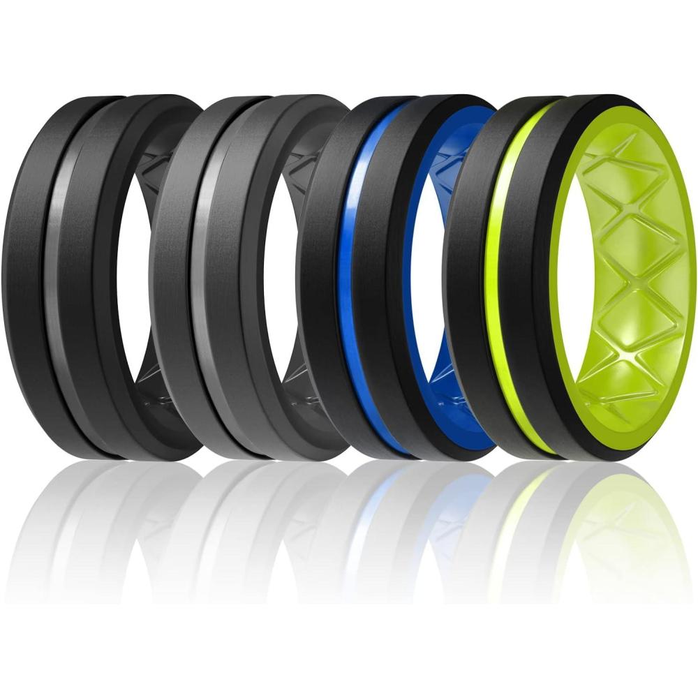 imageEgnaro Mens Silicone Ring 146 Multipack Workout Travel Rubber Wedding Bands For Him 8mm Width 2mm ThicknessB2Black Gray BlackLight Blue BlackYellow Green