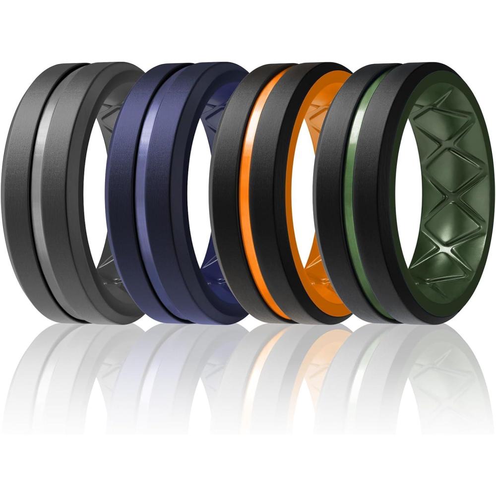 imageEgnaro Mens Silicone Ring 146 Multipack Workout Travel Rubber Wedding Bands For Him 8mm Width 2mm ThicknessB3BlackOrange  Dark Gray  Dark Blue  BlackOlive Green