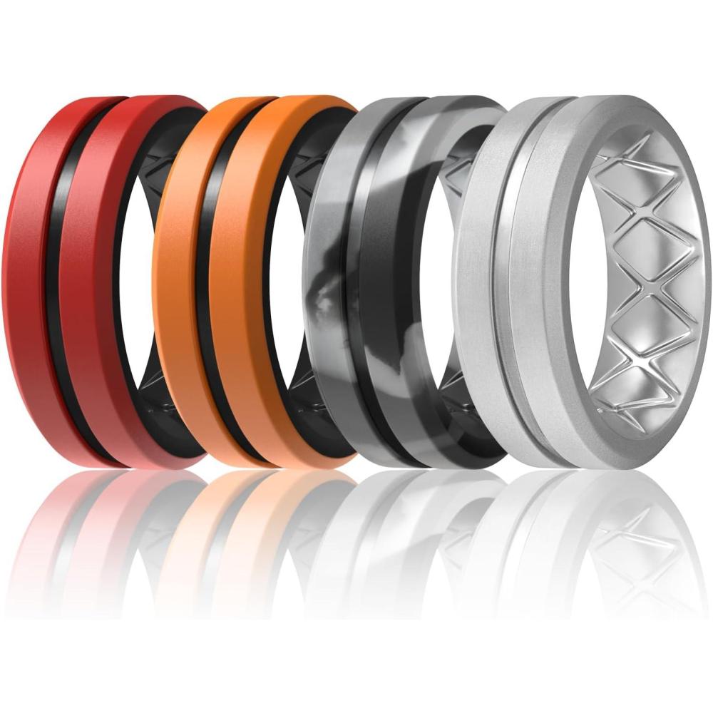 imageEgnaro Mens Silicone Ring 146 Multipack Workout Travel Rubber Wedding Bands For Him 8mm Width 2mm ThicknessB5Silver  Black Gray Camo  RedBlack  OrangeBlack
