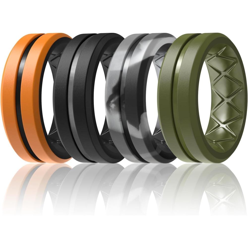 imageEgnaro Mens Silicone Ring 146 Multipack Workout Travel Rubber Wedding Bands For Him 8mm Width 2mm ThicknessB6Black Military Green Black Gray Camo OrangeBlack