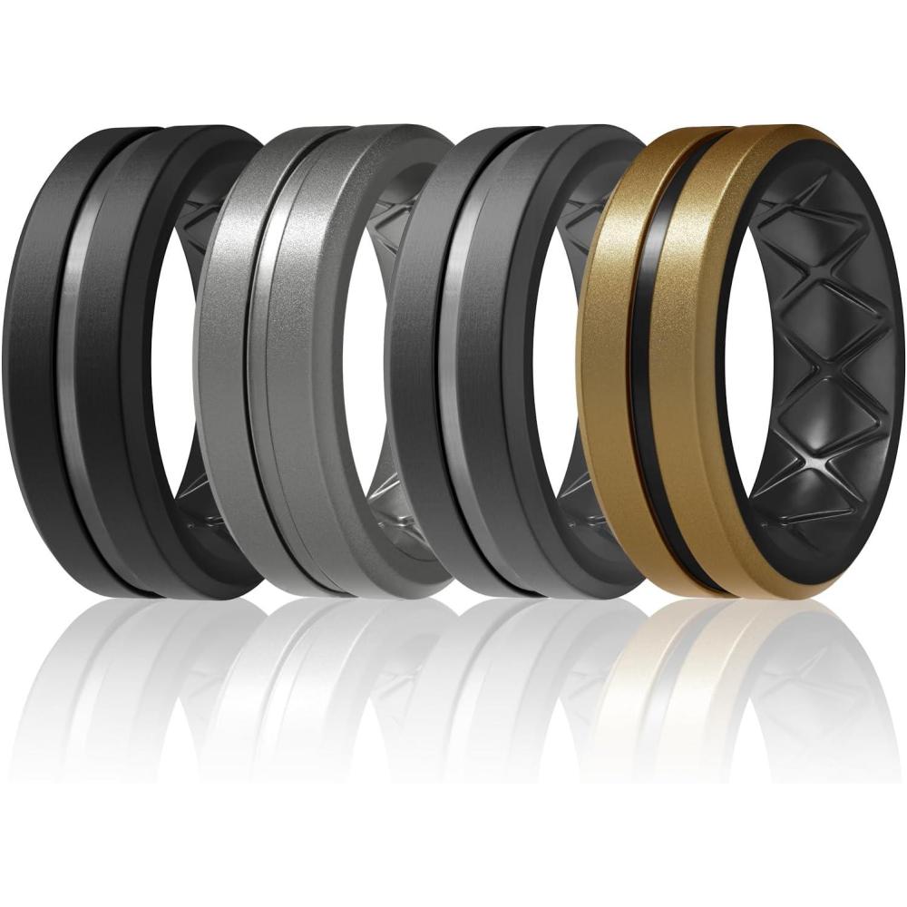 imageEgnaro Mens Silicone Ring 146 Multipack Workout Travel Rubber Wedding Bands For Him 8mm Width 2mm ThicknessB7Black Dark Silver Black Gray CopperBlack