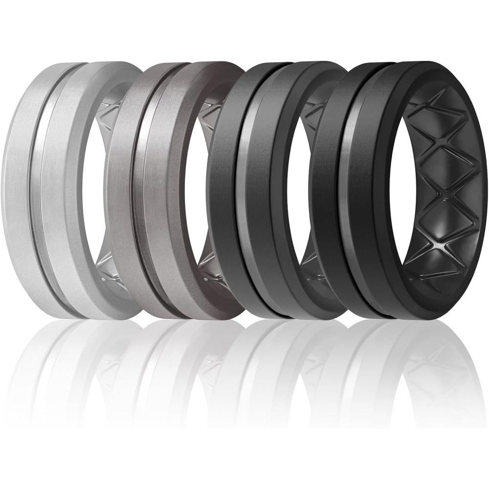 imageEgnaro Mens Silicone Ring 146 Multipack Workout Travel Rubber Wedding Bands For Him 8mm Width 2mm ThicknessB8Silver Metallic Gun Dark Gray Black