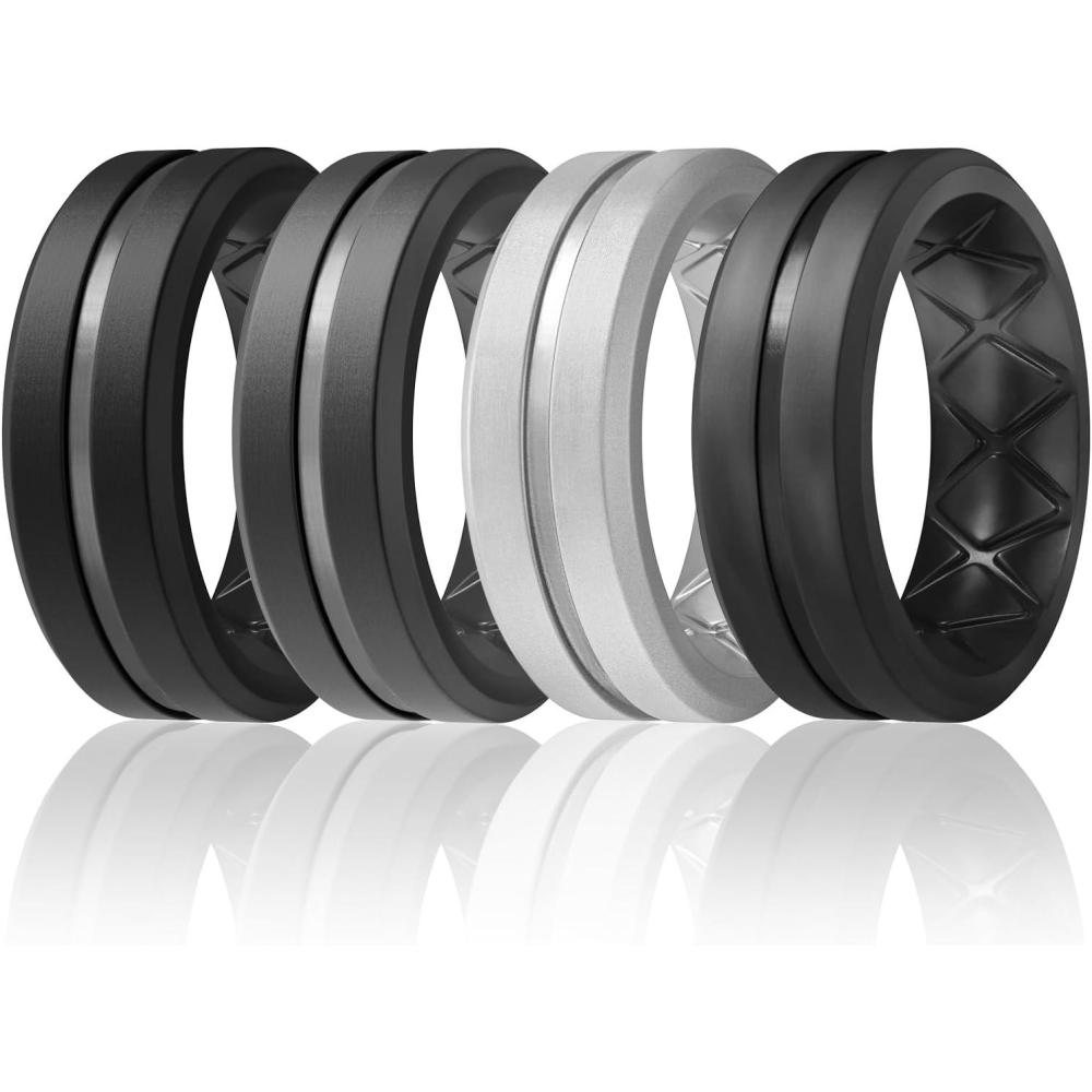 imageEgnaro Mens Silicone Ring 146 Multipack Workout Travel Rubber Wedding Bands For Him 8mm Width 2mm ThicknessC3Black  Black Gray  Silver  Black Gray Black Camo
