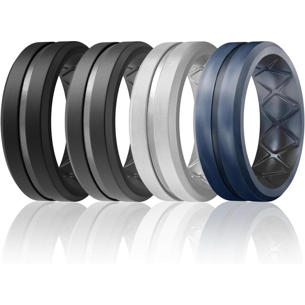 imageEgnaro Mens Silicone Ring 146 Multipack Workout Travel Rubber Wedding Bands For Him 8mm Width 2mm ThicknessC4Black Black Gray Silver Black Blue Camo