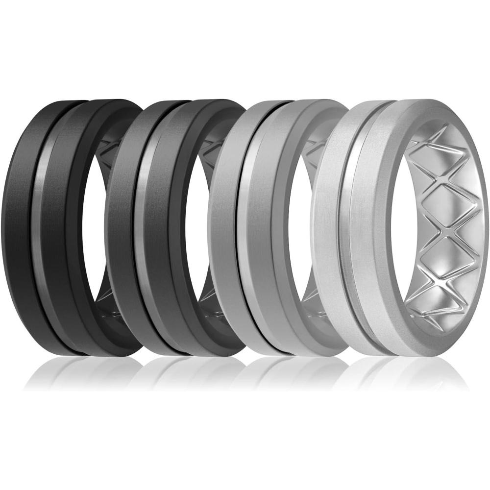 imageEgnaro Mens Silicone Ring 146 Multipack Workout Travel Rubber Wedding Bands For Him 8mm Width 2mm ThicknessC5Black Black Gray Light Gray Silver