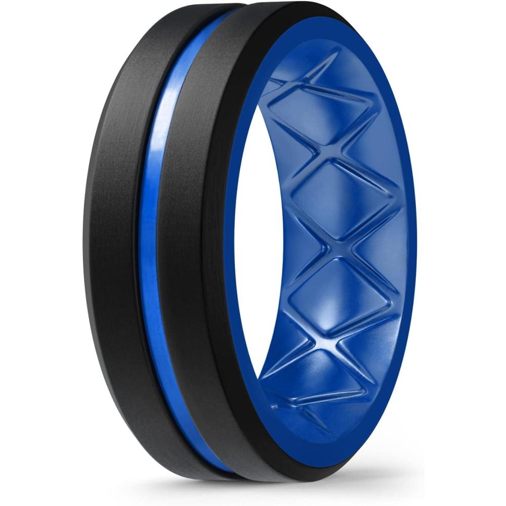 imageEgnaro Mens Silicone Ring 146 Multipack Workout Travel Rubber Wedding Bands For Him 8mm Width 2mm ThicknessD1BlackLight Blue