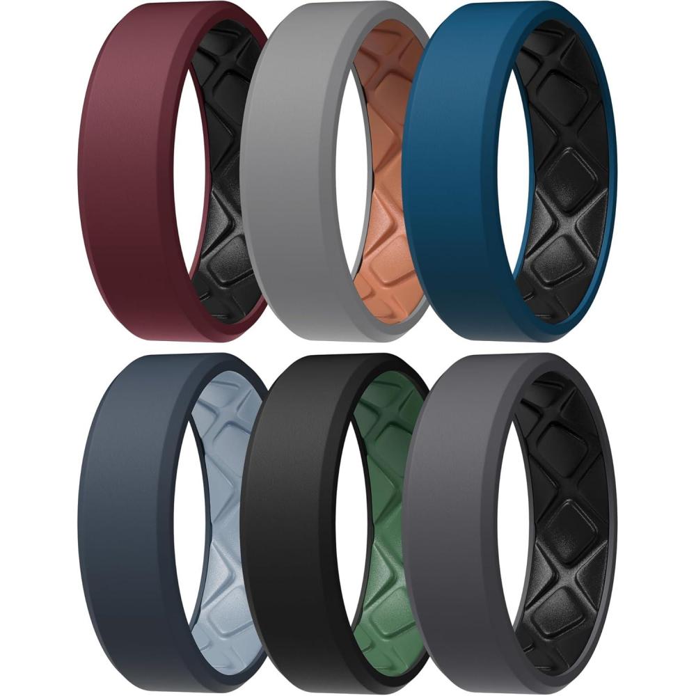 imageEgnaro Mens Silicone Rings 75mm Wide 25mm Thick Rubber Bands For Him Ergonomic Beveled Edge Two Tone Waterproof Workout AccessoriesSETC4MaroonBlack  Light GrayPumpkin  Blue IrisBlack  Blue GrayArctic Ice  Black GrayBlack  BlackInk Green