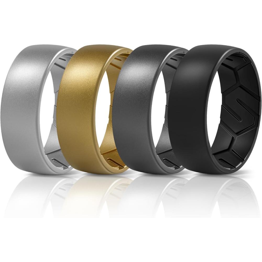 imageEgnaro Mens Silicone Rings 8mm Wide 22mm Thick Rubber Wedding Bands 14567 Multipack of Breathable PatentPending DesignSETCSilver Gold Dark Silver Black