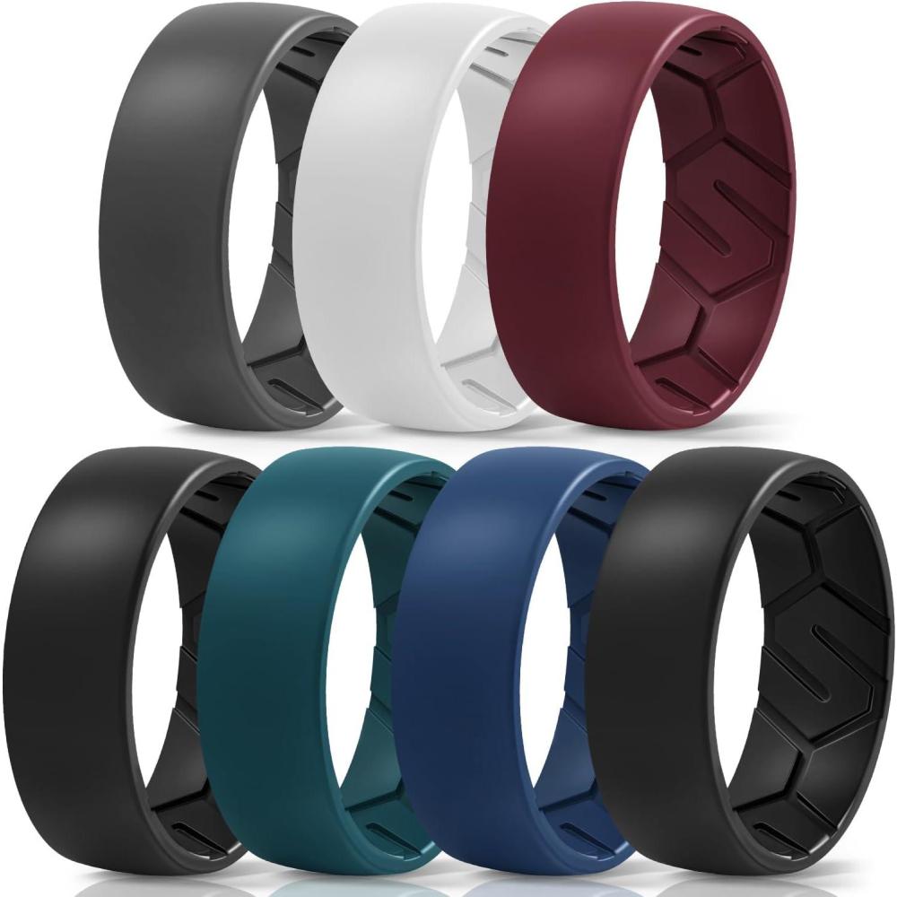 imageEgnaro Mens Silicone Rings 8mm Wide 22mm Thick Rubber Wedding Bands 14567 Multipack of Breathable PatentPending DesignSETDWhite Black Gray Maroon Deep Blue Dark Blue Black Black