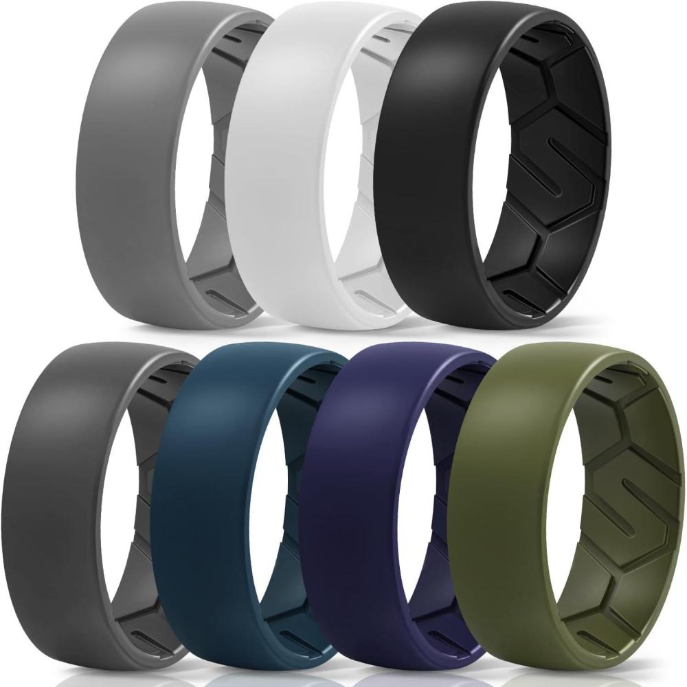 imageEgnaro Mens Silicone Rings 8mm Wide 22mm Thick Rubber Wedding Bands 14567 Multipack of Breathable PatentPending DesignSETHLight Gray White Black Black Gray Twilight Blue Black Purple Olive Green
