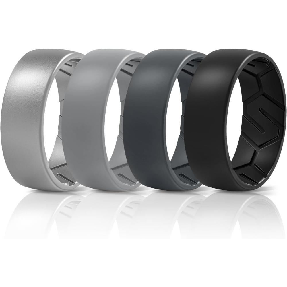 imageEgnaro Mens Silicone Rings 8mm Wide 22mm Thick Rubber Wedding Bands 14567 Multipack of Breathable PatentPending DesignSETLSilver Light Gray Dark Gray Black