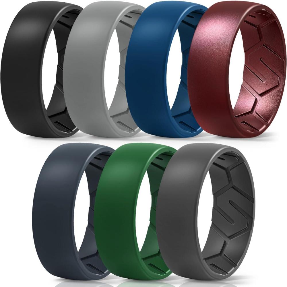 imageEgnaro Mens Silicone Rings 8mm Wide 22mm Thick Rubber Wedding Bands 14567 Multipack of Breathable PatentPending DesignSETQLight Gray Black Gray Metallic Burgundy Emerald Green Sea Blue Blue Gray Black