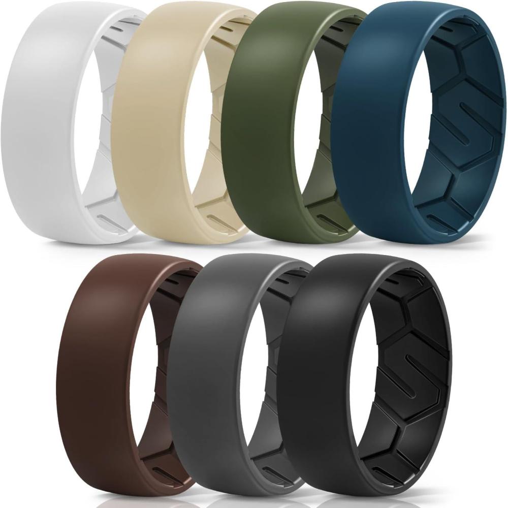 imageEgnaro Mens Silicone Rings 8mm Wide 22mm Thick Rubber Wedding Bands 14567 Multipack of Breathable PatentPending DesignSETRWhite Greige Navy blue Olive Green Dark Brown Black Gray Black