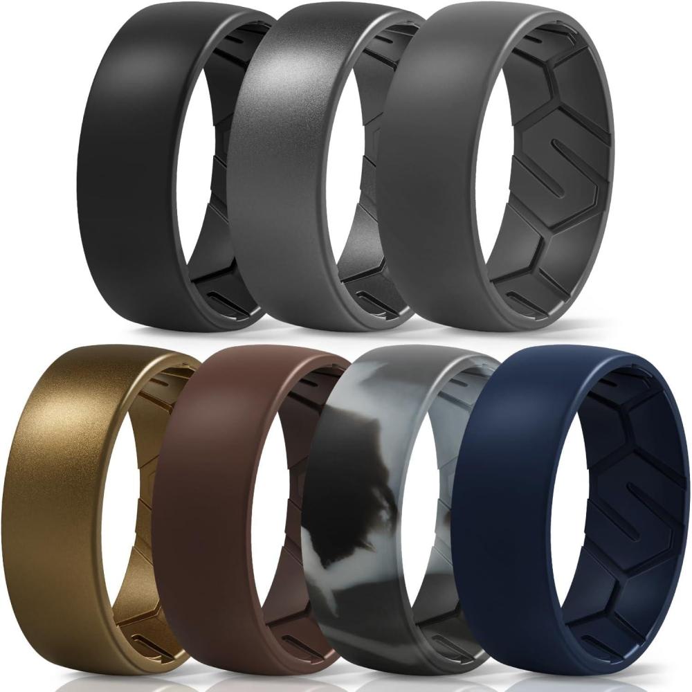 imageEgnaro Mens Silicone Rings 8mm Wide 22mm Thick Rubber Wedding Bands 14567 Multipack of Breathable PatentPending DesignSETTBlack Dark Silver Black Gray Bronze Dark Brown Black Gray Camo Midnight Blue