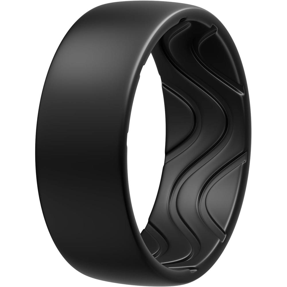 imageEgnaro Mens Silicone Rings 8mm Wide 25mm Thick Black Elastic Rubber Weeding Bands Breathable Grooves For Gym WorkoutSETA1Black