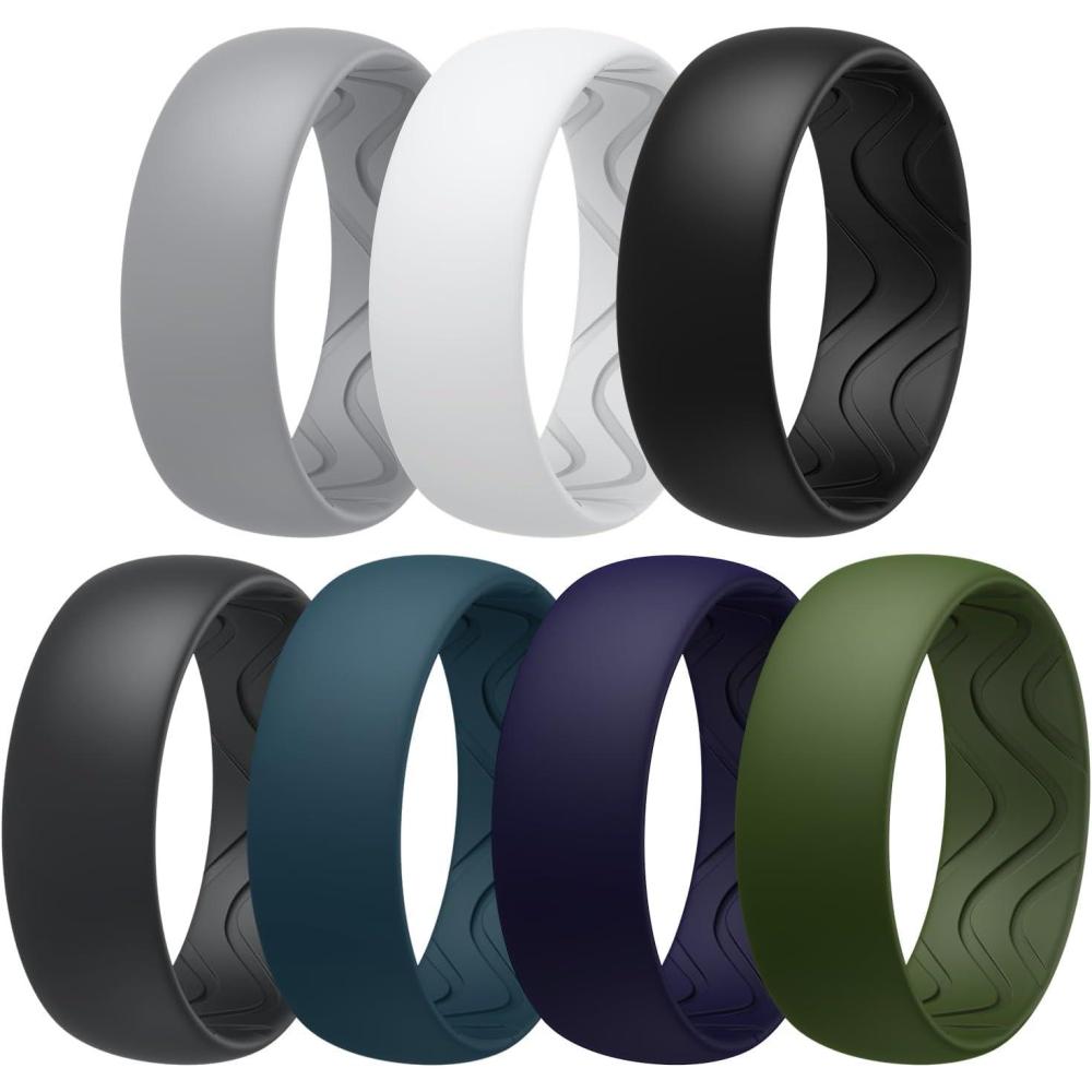 imageEgnaro Mens Silicone Rings 8mm Wide 25mm Thick Black Elastic Rubber Weeding Bands Breathable Grooves For Gym WorkoutSETA2Light Gray White Black Black Gray Twilight Blue Black Purple Olive Green