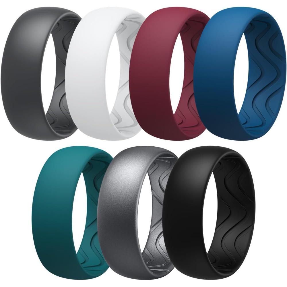 imageEgnaro Mens Silicone Rings 8mm Wide 25mm Thick Black Elastic Rubber Weeding Bands Breathable Grooves For Gym WorkoutSETA3Dark Silver Maroon Black Gray White Blue Iris Jade Green Black