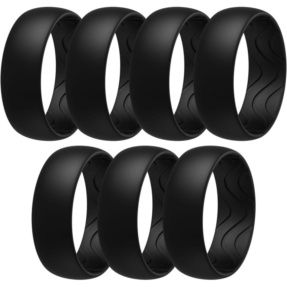 imageEgnaro Mens Silicone Rings 8mm Wide 25mm Thick Black Elastic Rubber Weeding Bands Breathable Grooves For Gym WorkoutSETA4Blackx7