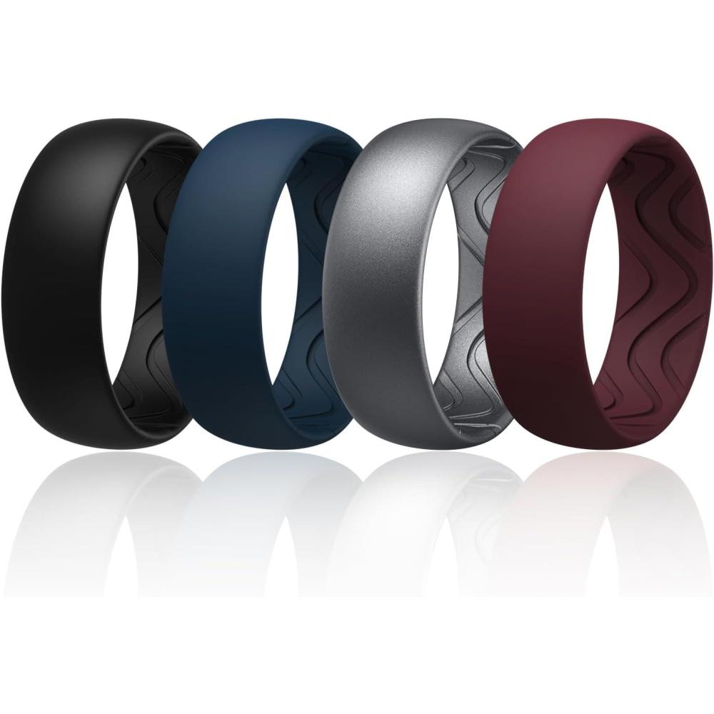 imageEgnaro Mens Silicone Rings 8mm Wide 25mm Thick Black Elastic Rubber Weeding Bands Breathable Grooves For Gym WorkoutSETB1Dark Silver Burgundy Dark Blue Black