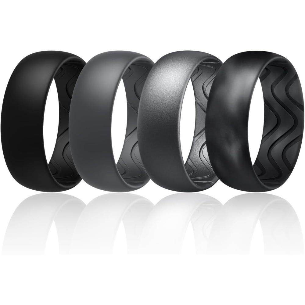 imageEgnaro Mens Silicone Rings 8mm Wide 25mm Thick Black Elastic Rubber Weeding Bands Breathable Grooves For Gym WorkoutSETB2Black Black Gray Dark Silver Black GrayBlack Camo