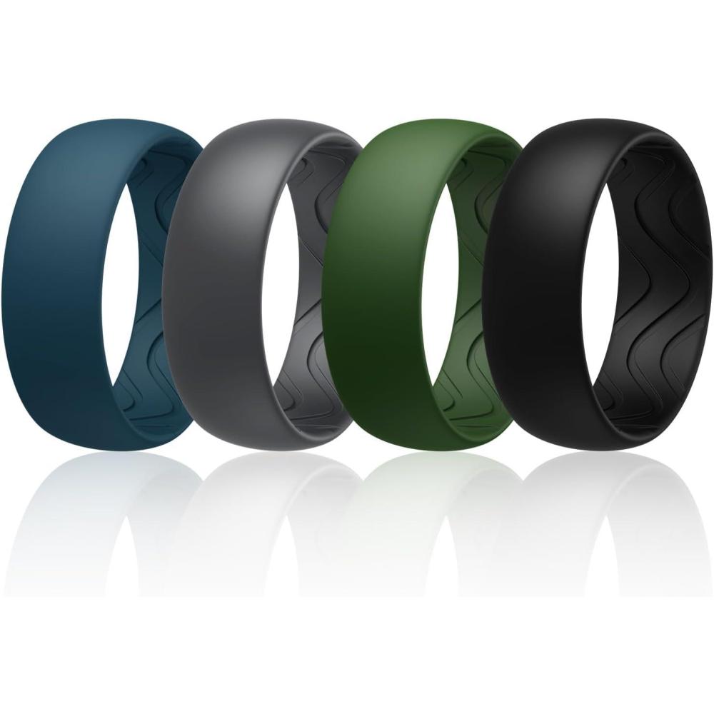 imageEgnaro Mens Silicone Rings 8mm Wide 25mm Thick Black Elastic Rubber Weeding Bands Breathable Grooves For Gym WorkoutSETB3Twilight Blue Dark Foliage Green Black Gray Black