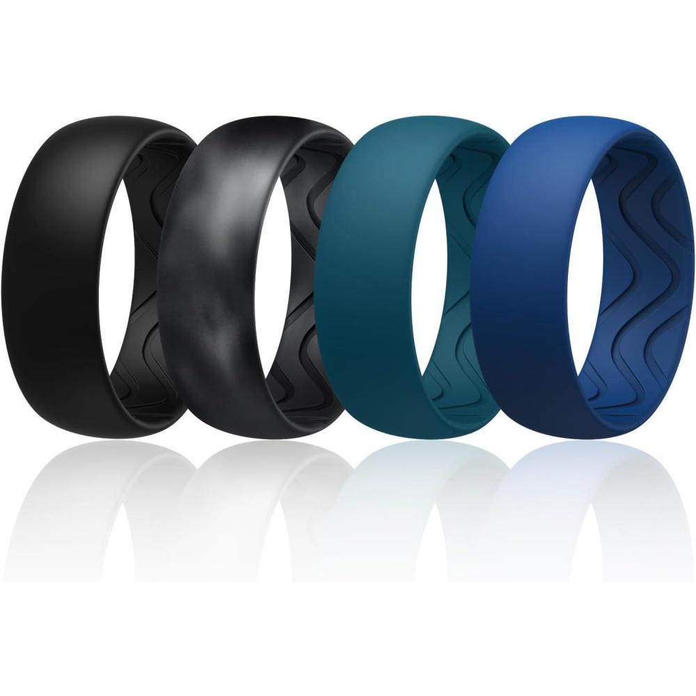 imageEgnaro Mens Silicone Rings 8mm Wide 25mm Thick Black Elastic Rubber Weeding Bands Breathable Grooves For Gym WorkoutSETB4Black Dark Blue Deep Blue Black GrayBlack Camo