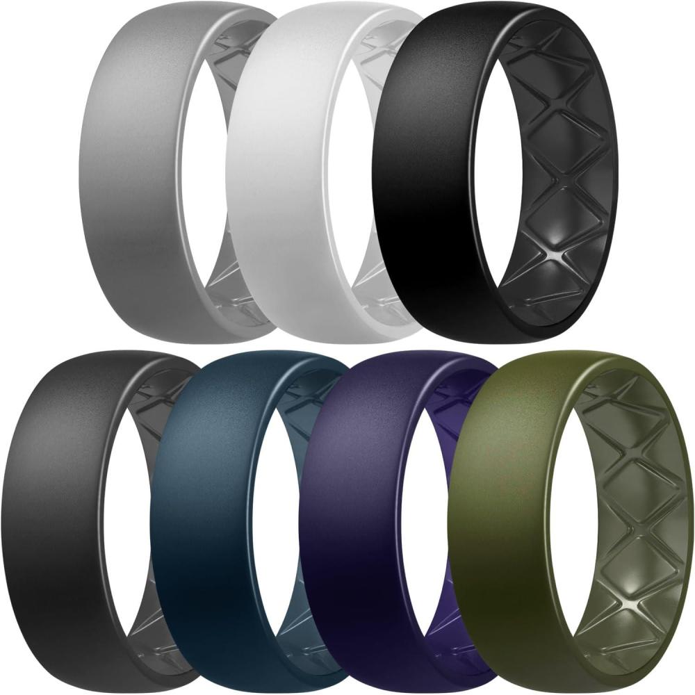 imageEgnaro Mens Silicone Rings 8mm Wide 25mm Thick Multipack Ergonomic Rubber Wedding Bands For Him Breathable Grooves For WorkoutABlack  Light Grey  Black Grey  Twilight Blue  White  Navy Blue  Olive Green