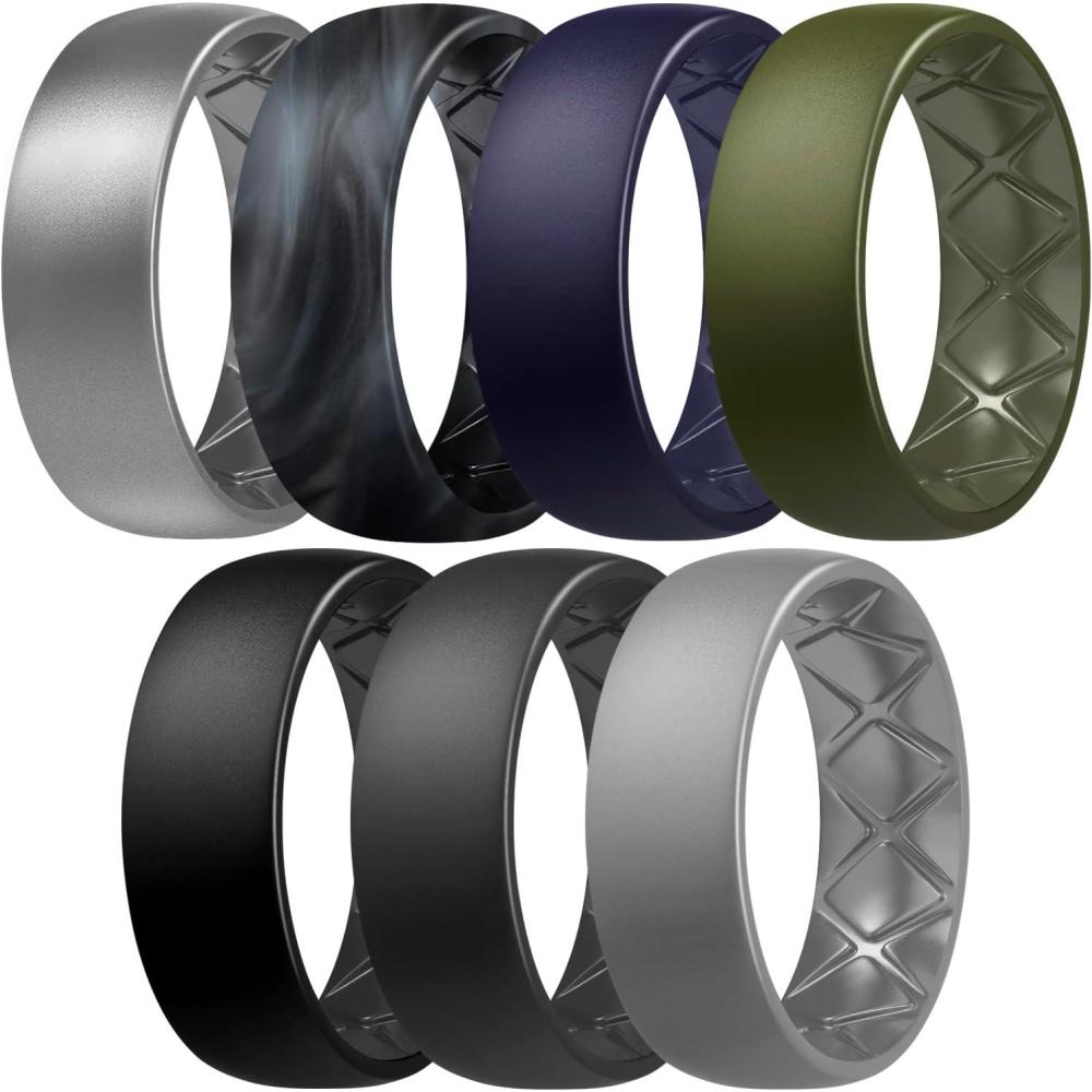 imageEgnaro Mens Silicone Rings 8mm Wide 25mm Thick Multipack Ergonomic Rubber Wedding Bands For Him Breathable Grooves For WorkoutSETA3Silver  Black GrayBlack Camo  Dark Blue  Olive Green  Black  Black Gray  Light Gray