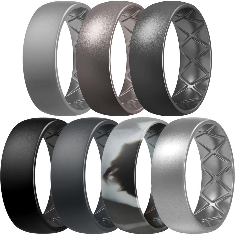 imageEgnaro Mens Silicone Rings 8mm Wide 25mm Thick Multipack Ergonomic Rubber Wedding Bands For Him Breathable Grooves For WorkoutSETA5Light Gray  Metallic Gun  Dark Silver  Black  Black Gray  Black Grey Camo  Silver